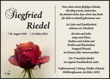 Traueranzeige von Siegfried Riedel von Südthüringer Presse