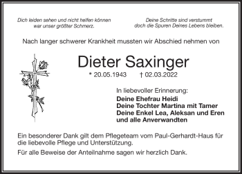 Traueranzeige von Dieter Saxinger von Frankenpost