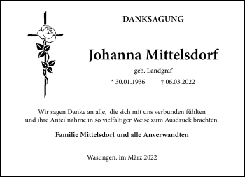 Traueranzeige von Johanna Mittelsdorf von Südthüringer Presse