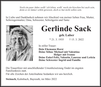 Traueranzeige von Gerlinde Sack von Südthüringer Presse