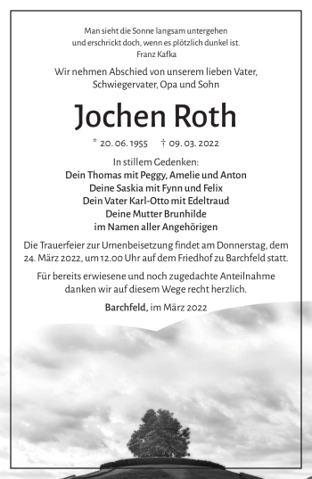 Traueranzeige von Jochen Roth von Südthüringer Presse
