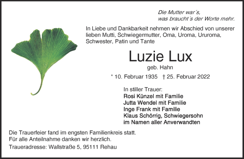  Traueranzeige für Luzie Lux vom 05.03.2022 aus Frankenpost