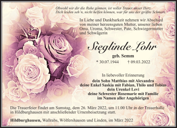 Traueranzeige von Sieglinde Lohr von Südthüringer Presse