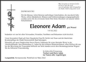 Traueranzeige von Eleonore Adam von Südthüringer Presse