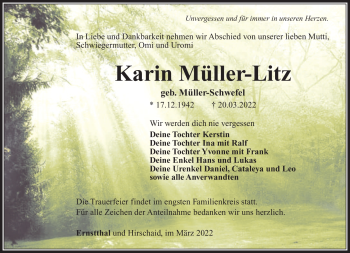 Traueranzeige von Karin Müller-Litz von Südthüringer Presse