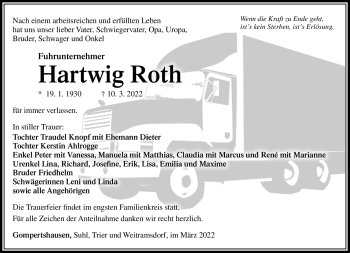 Traueranzeige von Hartwig Roth von Südthüringer Presse