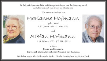 Traueranzeige von MarianneStefan HofmannHofmann von Frankenpost