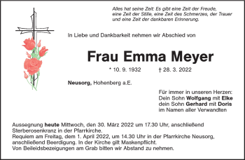 Traueranzeige von Emma Meyer von Frankenpost
