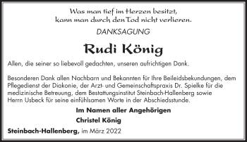 Traueranzeige von Rudi König von Südthüringer Presse