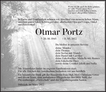 Traueranzeige von Otmar Portz von Südthüringer Presse