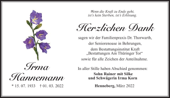Traueranzeige von Irma Hannemann von Südthüringer Presse