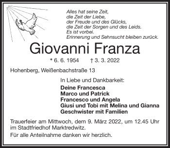 Traueranzeige von Giovanni Franza von Frankenpost