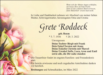 Traueranzeige von Grete Roddeck von Südthüringer Presse