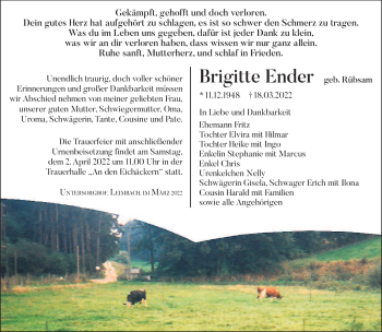 Traueranzeige von Brigitte Ender von Südthüringer Presse