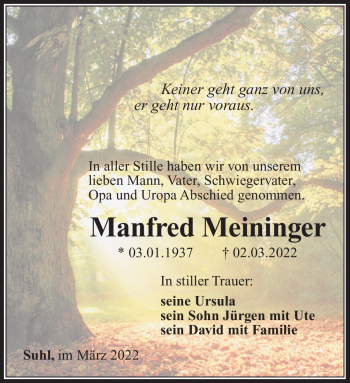 Traueranzeige von Manfred Meininger von Südthüringer Presse