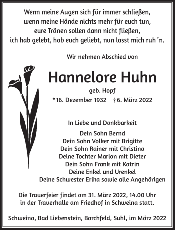 Traueranzeige von Hannelore Huhn von Südthüringer Presse