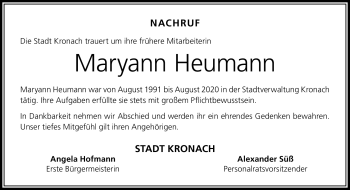Traueranzeige von Maryann Heumann von Neue Presse Coburg