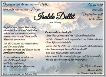 Traueranzeige von Isolde Dellit von Südthüringer Presse