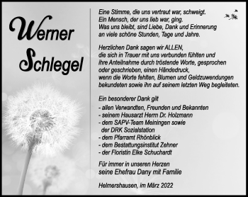 Traueranzeige von Werner Schlegel von Südthüringer Presse
