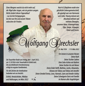 Traueranzeige von Wolfgang Drechsler von Südthüringer Presse
