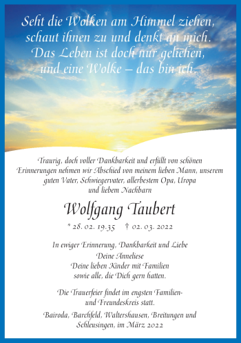 Traueranzeige von Wolfgang Taubert von Südthüringer Presse