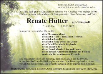 Traueranzeige von Renate Hütter von Südthüringer Presse