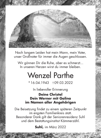 Traueranzeige von Wenzel Parthe von Südthüringer Presse