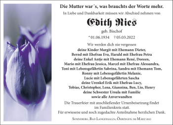 Traueranzeige von Edith Ries von Südthüringer Presse