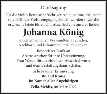 Traueranzeige von Johanna König von Südthüringer Presse