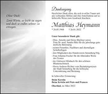 Traueranzeige von Matthias Heymann von Südthüringer Presse