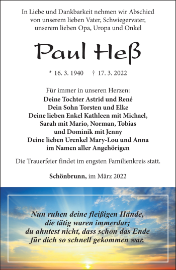 Traueranzeige von Paul Heß von Südthüringer Presse