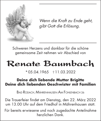 Traueranzeige von Renate Baumbach von Neue Presse Coburg