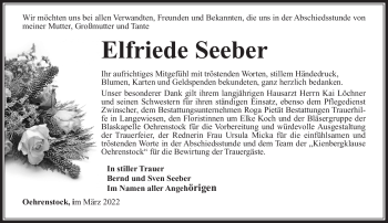 Traueranzeige von Elfriede Seeber von Südthüringer Presse