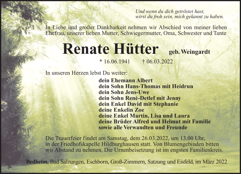  Traueranzeige für Renate Hütter vom 19.03.2022 aus Südthüringer Presse