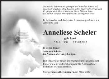 Traueranzeige von Anneliese Scheler von Südthüringer Presse
