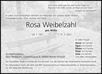 Traueranzeige von Rosa Weibelzahl von Neue Presse Coburg