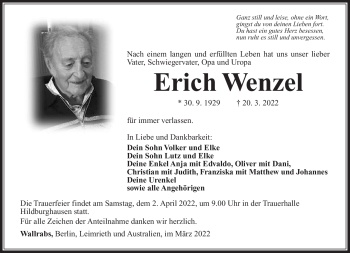 Traueranzeige von Erich Wenzel von Südthüringer Presse