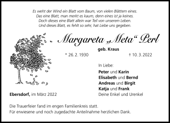 Traueranzeige von Margareta Perl von Neue Presse Coburg