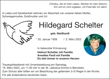 Traueranzeige von Hildegard Schelter von Frankenpost