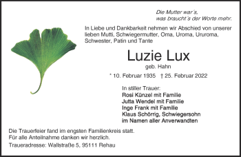 Traueranzeige von Luzie Lux von Frankenpost