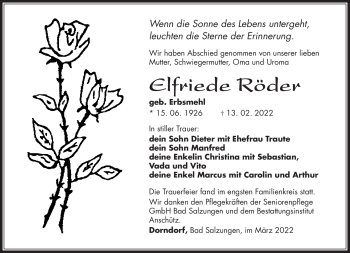 Traueranzeige von Elfriede Röder von Südthüringer Presse