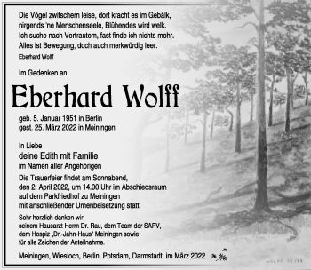 Traueranzeige von Eberhard Wolff von Südthüringer Presse