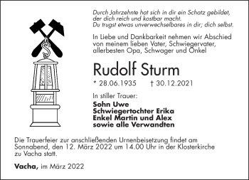 Traueranzeige von Rudolf Sturm von Südthüringer Presse