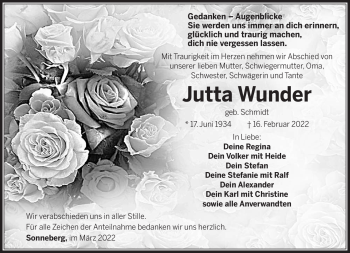 Traueranzeige von Jutta Wunder von Südthüringer Presse