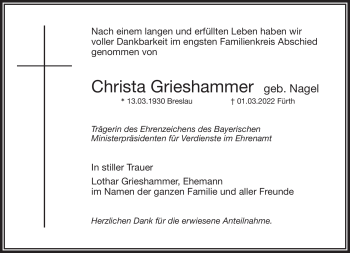 Traueranzeige von Christa Grieshammer von Frankenpost