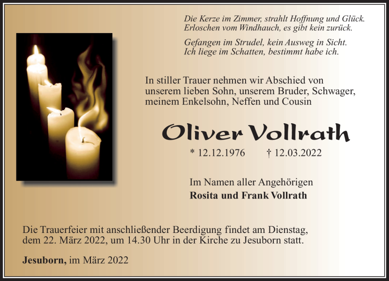  Traueranzeige für Oliver Vollrath vom 19.03.2022 aus Südthüringer Presse