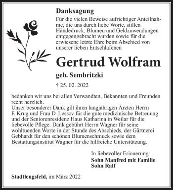 Traueranzeige von Gertrud Wolfram von Südthüringer Presse
