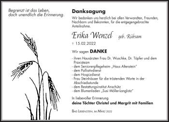 Traueranzeige von Erika Wenzel von Südthüringer Presse