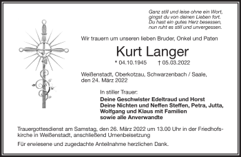 Traueranzeige von Kurt Langer von Frankenpost