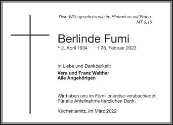 Traueranzeige von Berlinde Fumi von Frankenpost